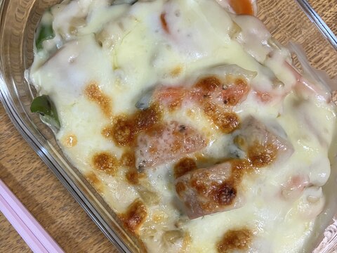 ピーマンと魚肉ソーセージのマカロニグラタン